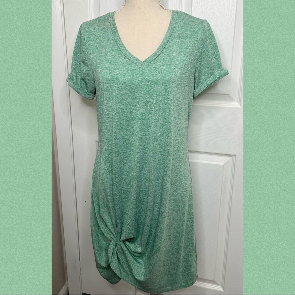 Green Twist Knot Short Sleeve Casual V-neck T-Shirt Dress size medium